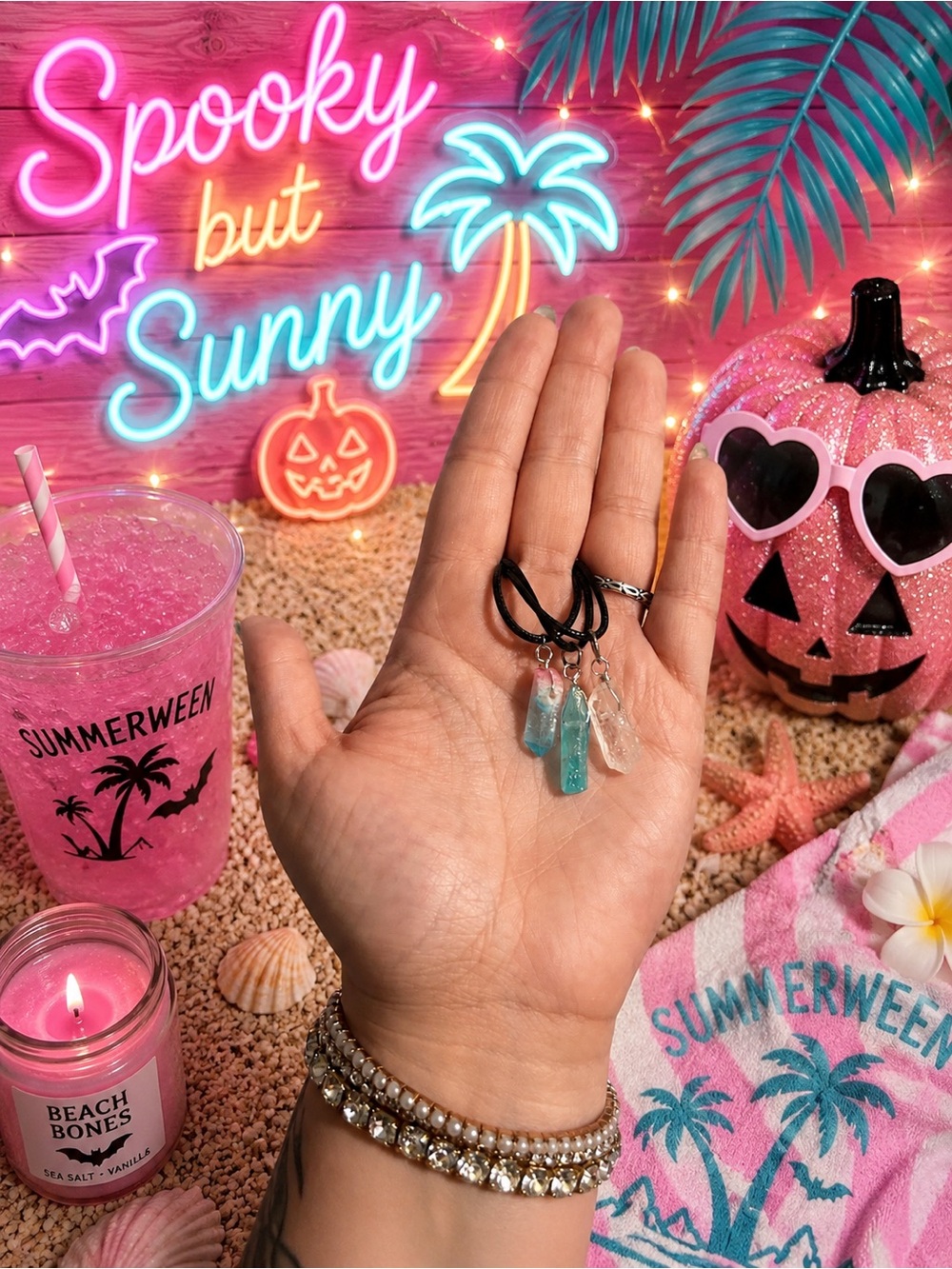 Summerween Crystal Point Charm Necklaces in Aqua & Clear